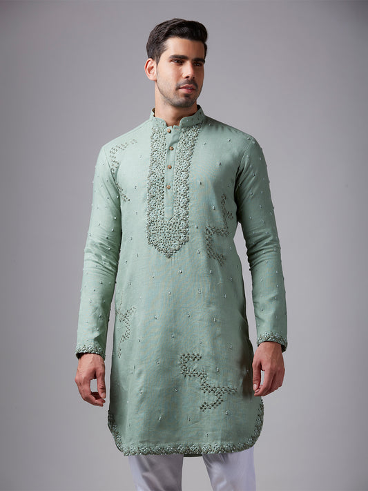 Pista Green Linen Kurta Pajama Set for Men – Festive Wear