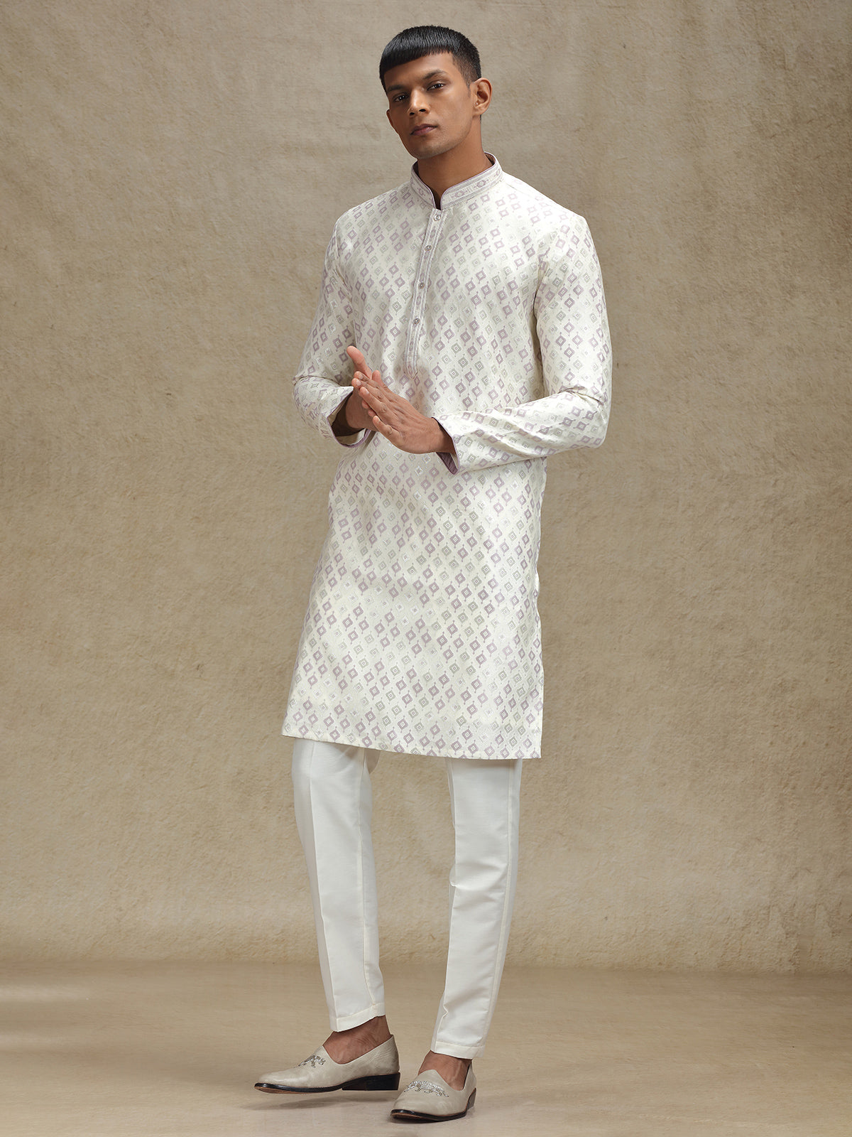Men’s Kurta Pajama Set in Purple and Cream Accented with Zari
