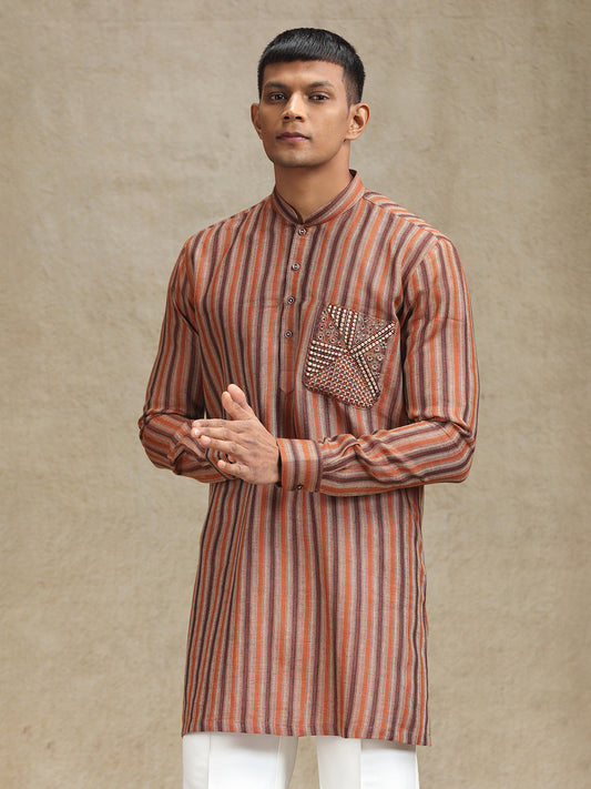 Rust Orange & Brown Striped Kurta Pajama Set