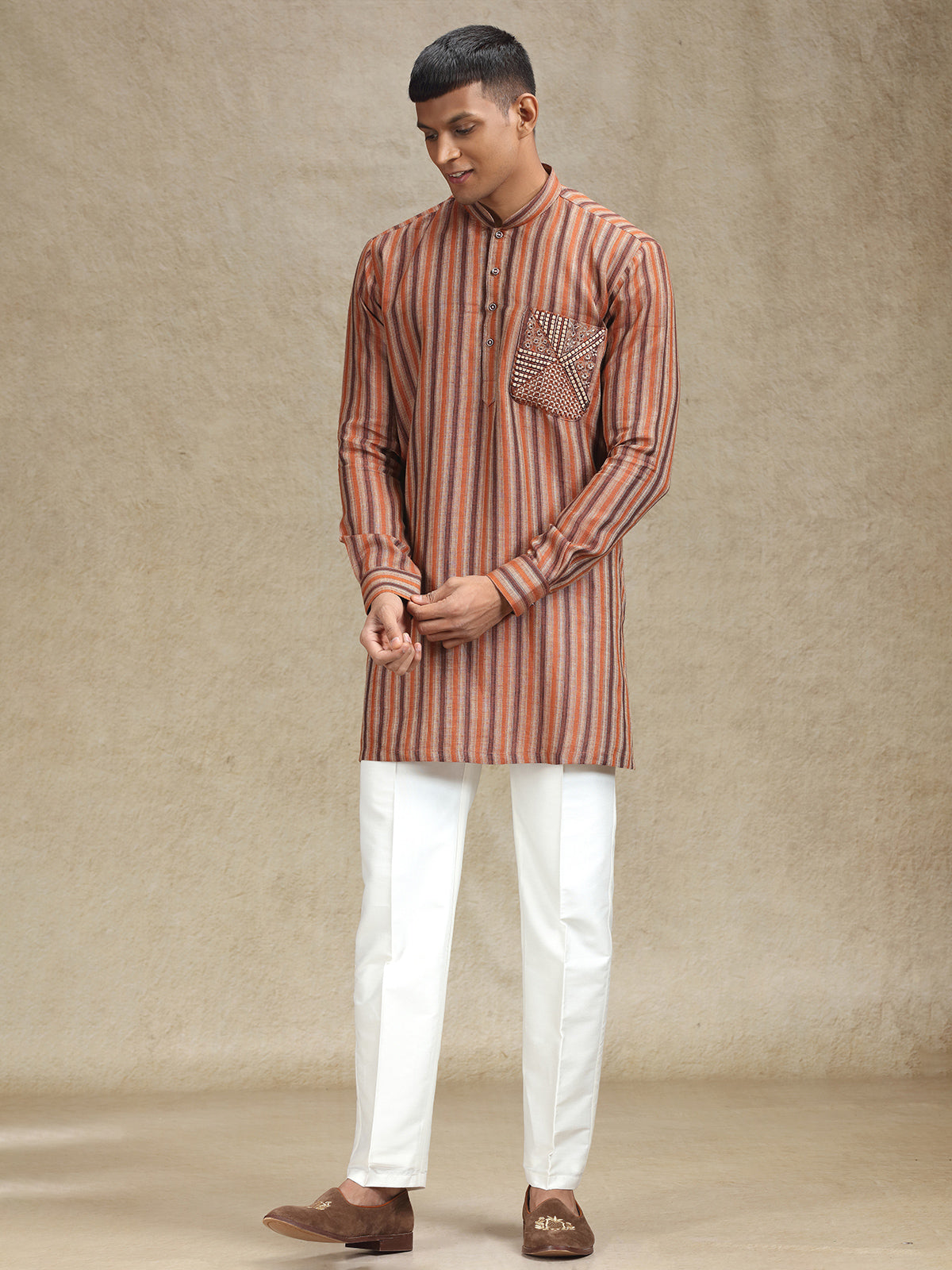 Rust Orange & Brown Striped Kurta Pajama Set