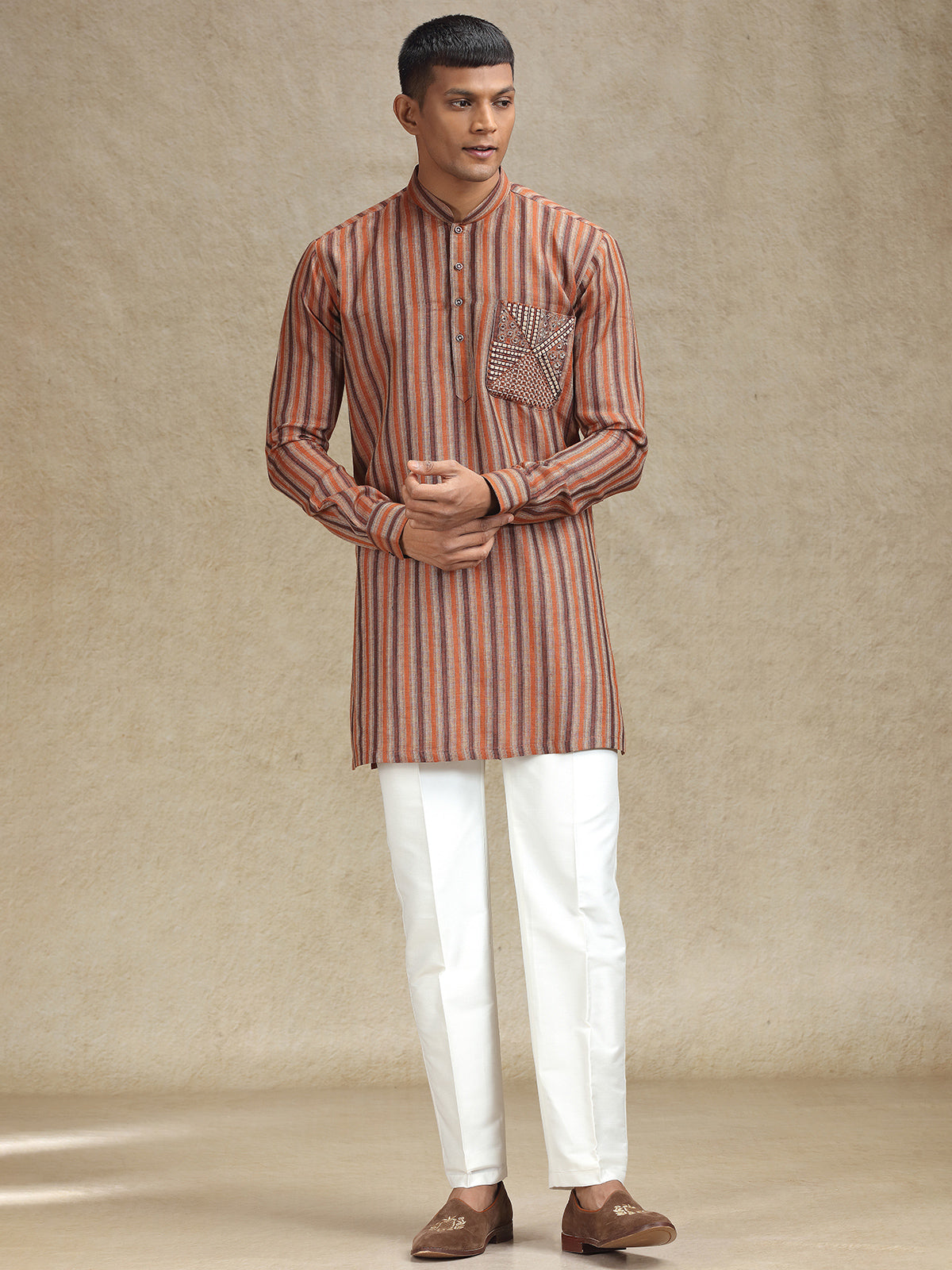 Rust Orange & Brown Striped Kurta Pajama Set