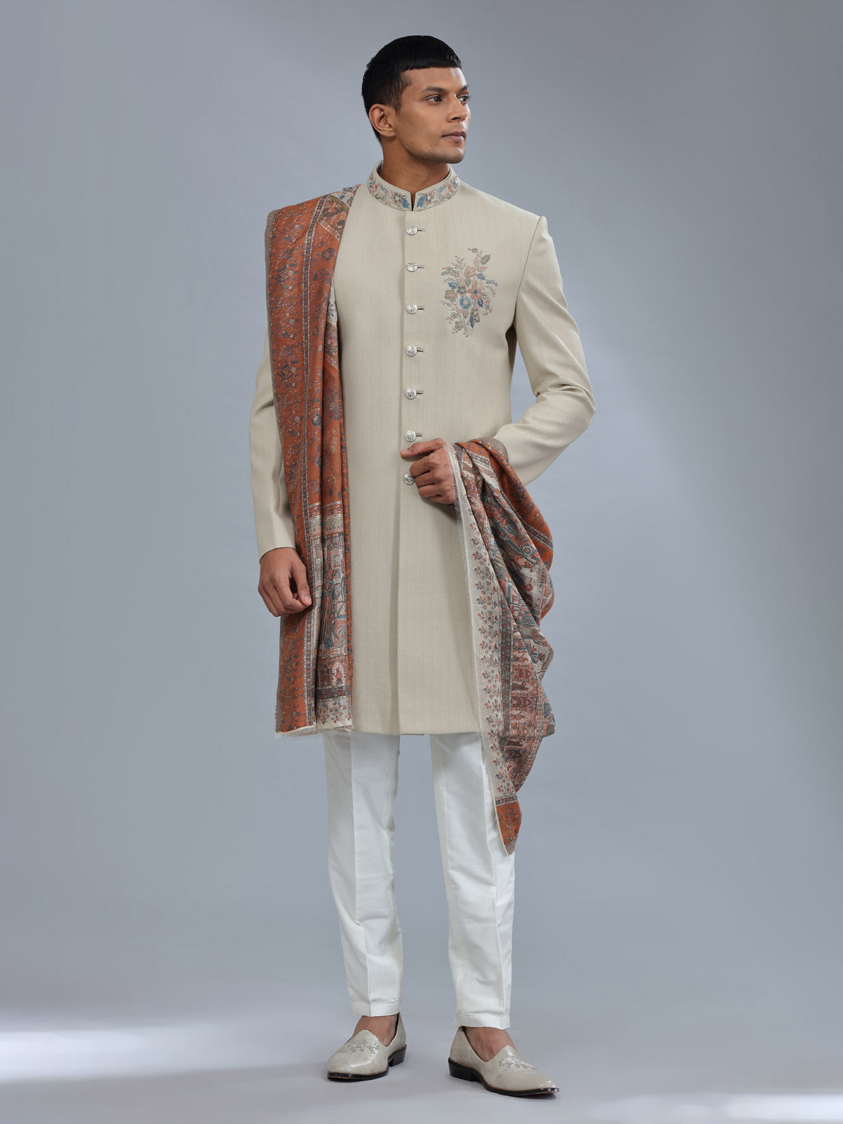 Terry rayon textured pattern khakhi sherwani for men