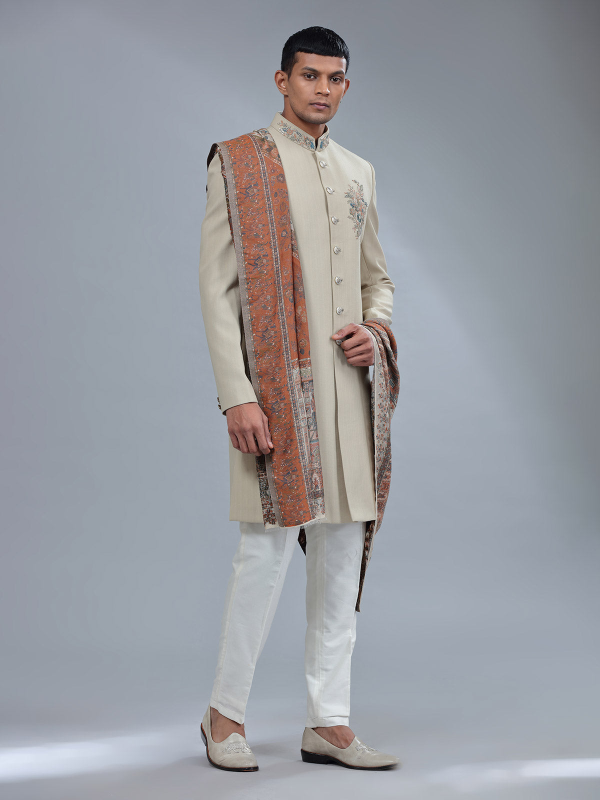 Terry rayon textured pattern khakhi sherwani for men