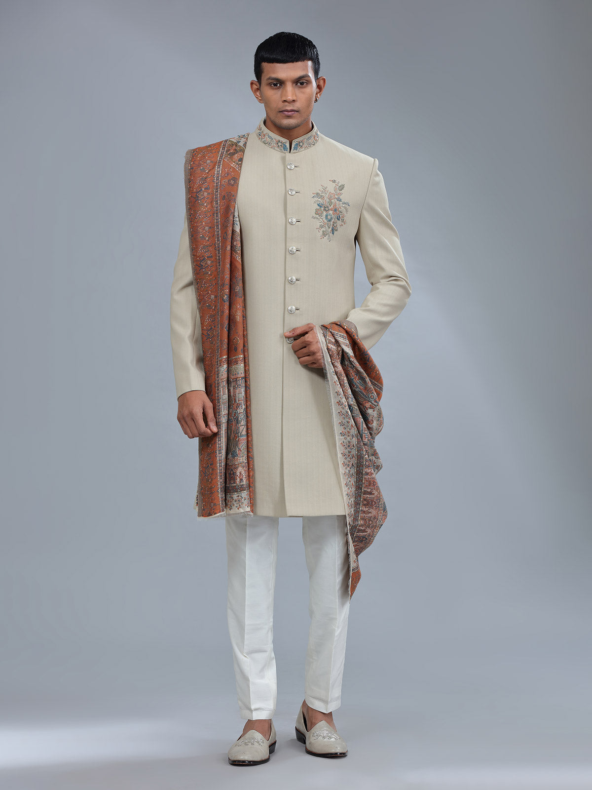 Terry rayon textured pattern khakhi sherwani for men