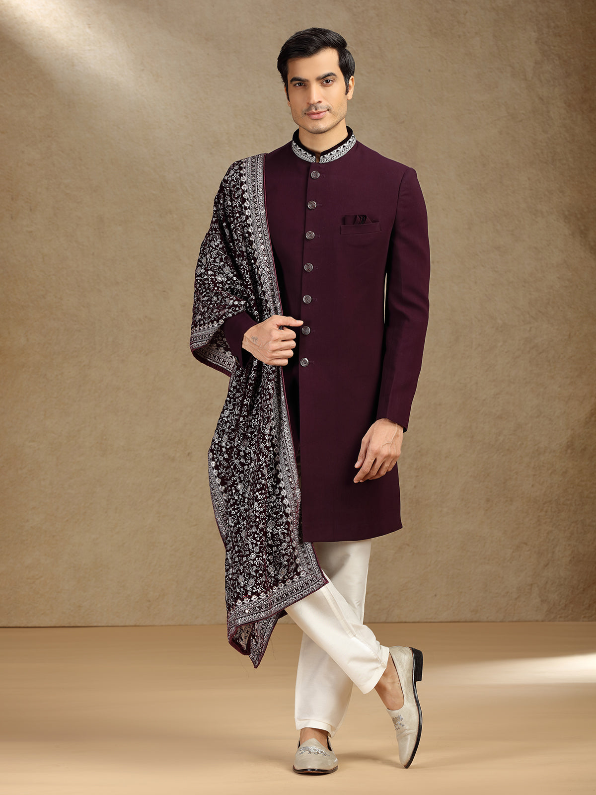 Wine Terry Rayon Fusion Outfit with Dupatta – Perfect for Wedding Wear