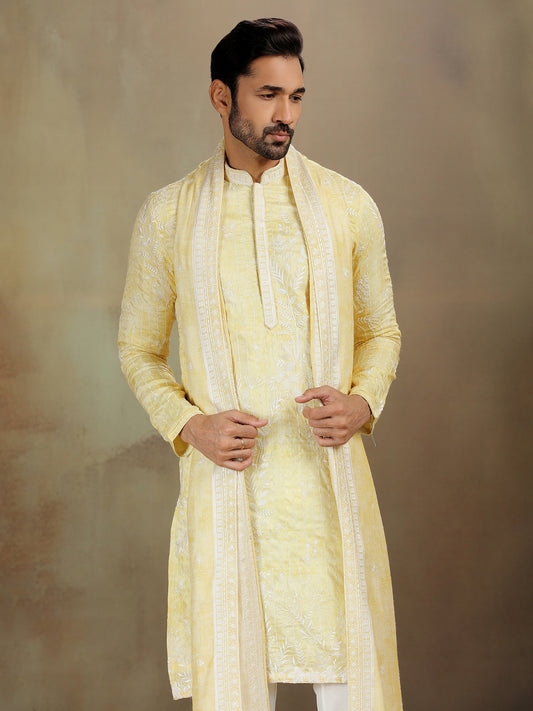 Elegant Yellow Silk Kurta Set in Satin Finish with Shine
