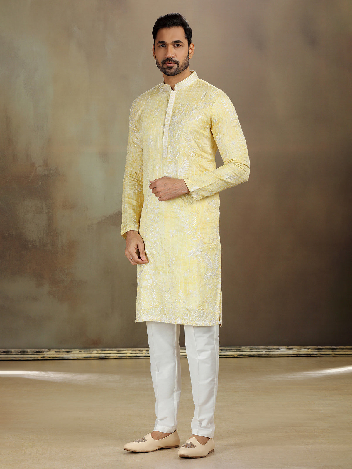 Elegant Yellow Silk Kurta Set in Satin Finish with Shine